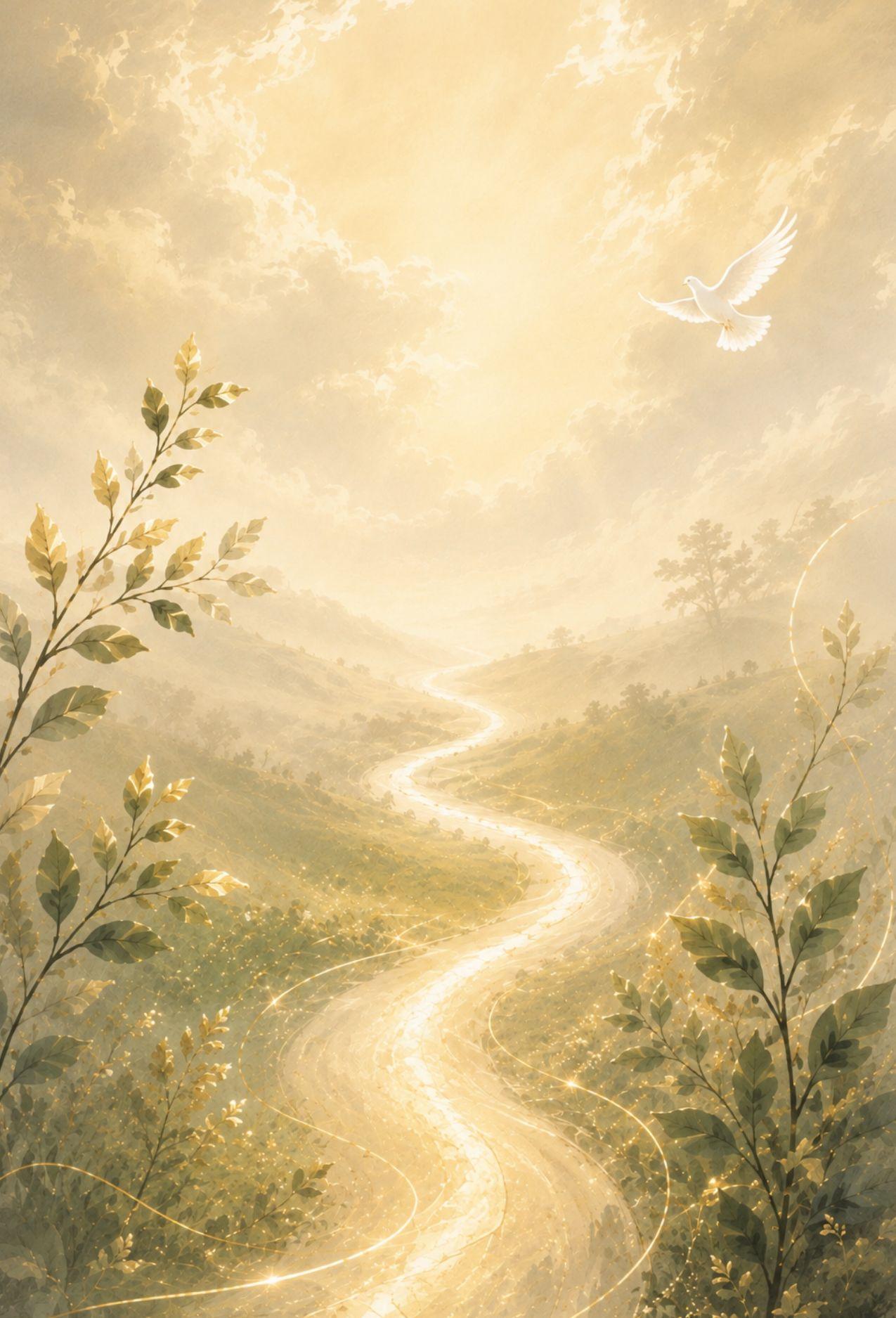 A luminous winding path through a golden botanical valley with a white dove